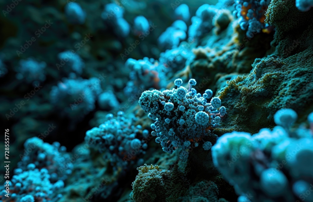 Microbial landscape with bacterial colonies and fungi in blue hues for biology research. Microbial landscape with bacterial colonies and fungi in blue hues for biology research.