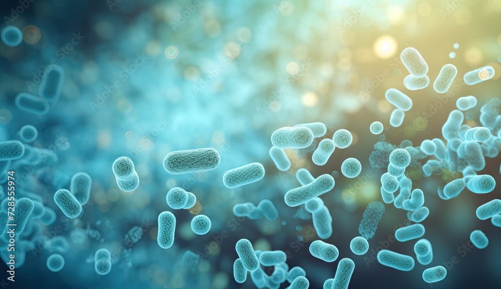 Rod-shaped bacteria prominently featured against a dark cyan bokeh background.