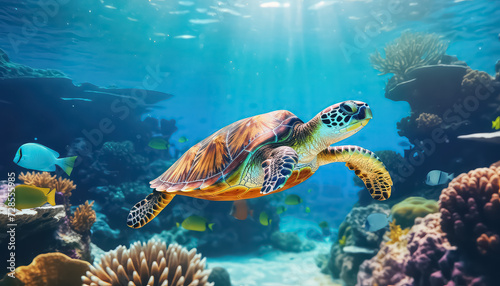 A large turtle swims in a clear ocean   Environmental eco safe Conservation