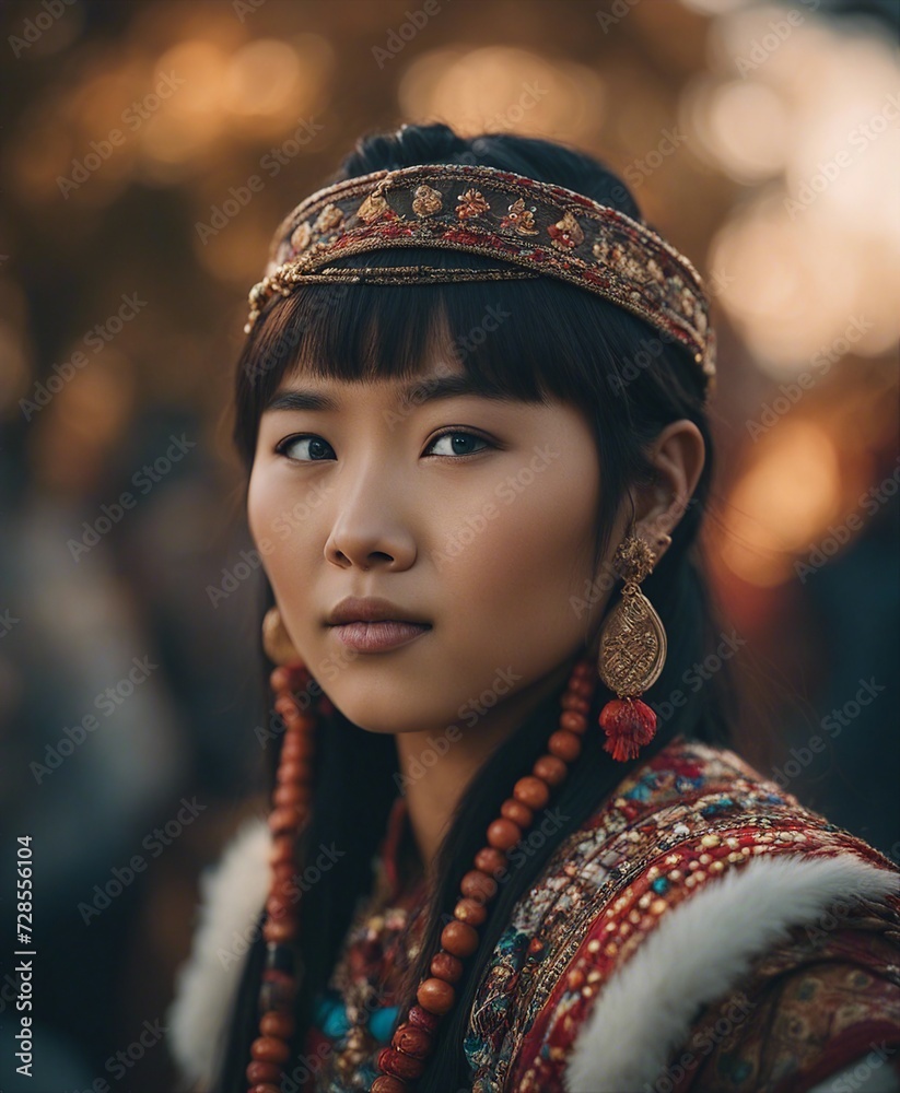 portrait of  kyrgyz tribe asian girl with traditional clothes

