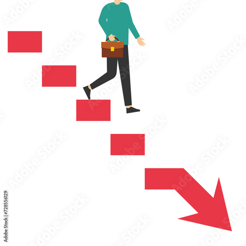 investment or economic recession, frustrated businessman investor climbing ladder with a downward arrow above. The stock market decline in crisis or bubble burst, career deadlock, or financial risk co