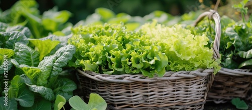 Fresh hydroponically grown organic green oak and iceberg lettuce in a basket, from a mini farm.
