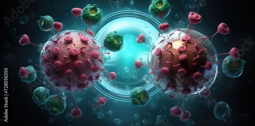 Viruses in teal and magenta for microbiological research and education.