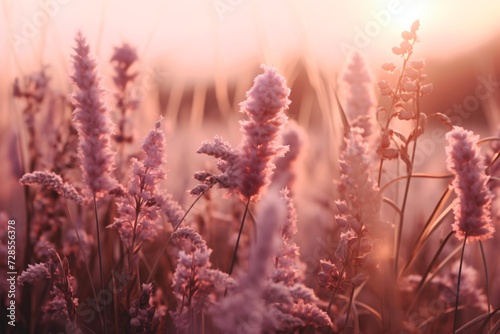 the fields of lavender at sunset, in the style of dark pink and light bronze