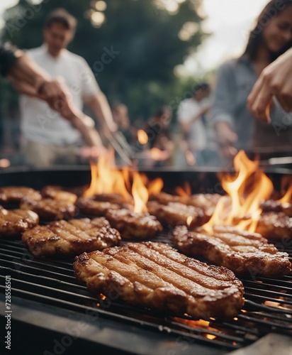 close up of fried steaks on the barbecue, blurred image of people having fun together in the background   © abu
