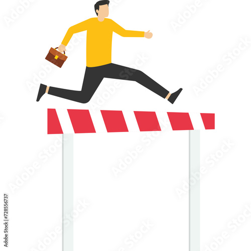 Overcome obstacles and success concept. Businessman holding briefcase jumping over hurdle race obstacle. Cartoon Vector Illustration