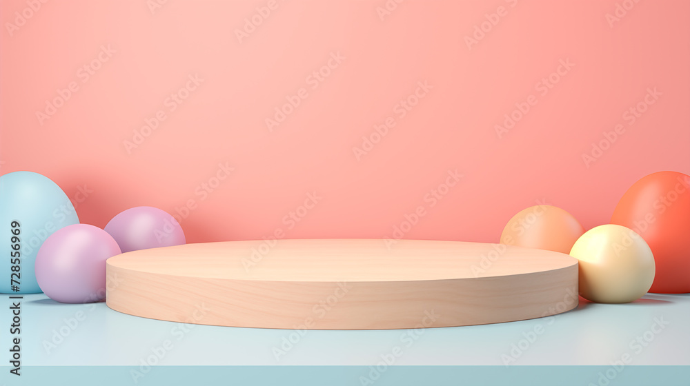 Fototapeta premium Easter Eggs Wooden Platform Empty Blank Plate Podium Pedestral Table Stand Mockup Product Display Showcase Wood Surface Podest Pastel Holiday Rabbit Colorful Rose Purple Soft Flower Green Mint Rose