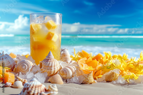 Tropical Juice Adorned with Ice and Tropical Fruits. Beach Sandals and Shells as Accents, Appealing the Resort Vibe.