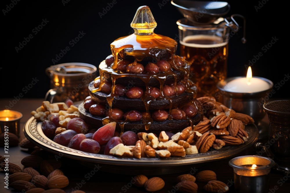 Handcrafted Candy Candy of Close-Up of Walnuts, Dry Fruits and Honey on a Horizont, generative IA