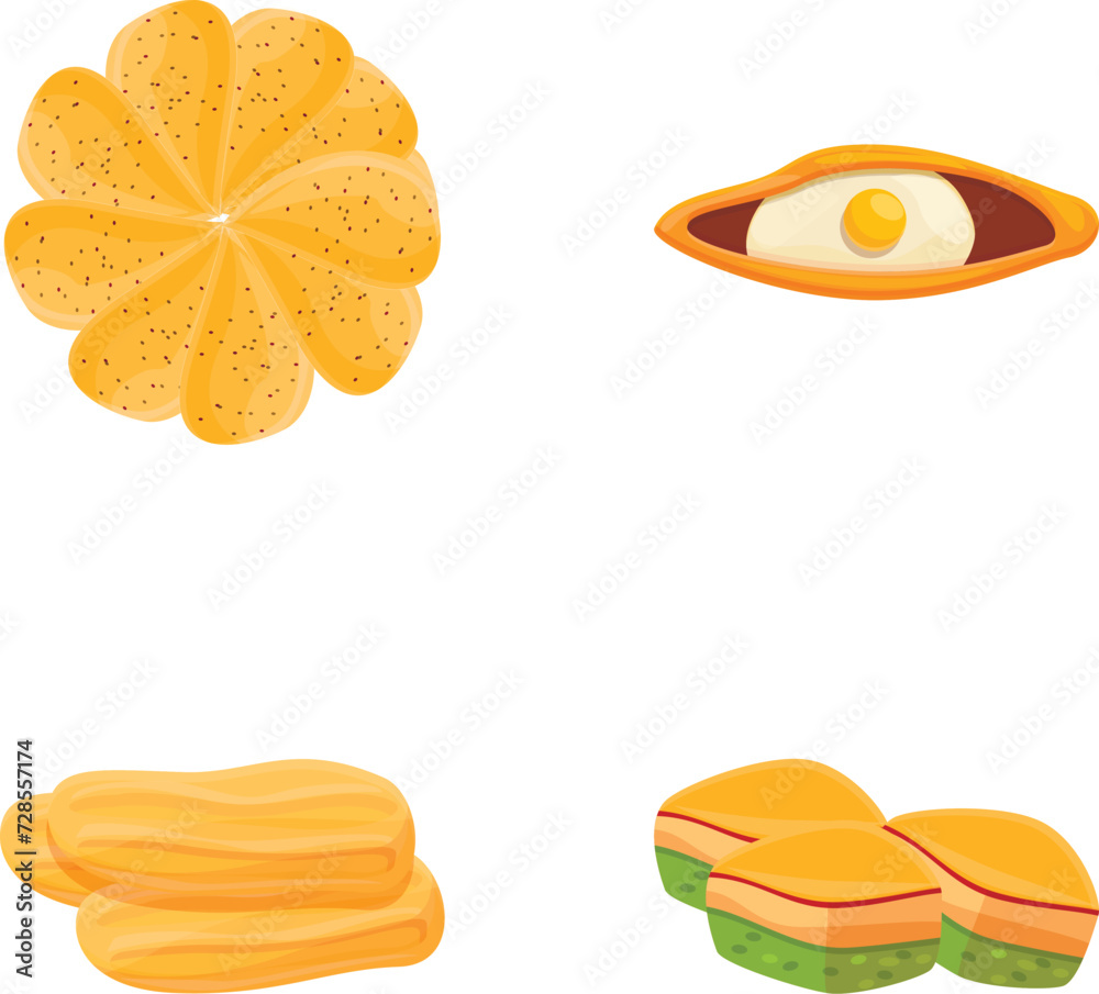 Turkish cuisine icons set cartoon vector. Various turkish traditional food. Oriental meal Turkish cuisine icons set cartoon vector. Various turkish traditional food. Oriental meal