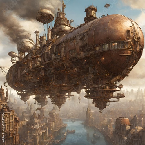 Fantastical representation of a steampunk-inspired metropolis, with airships and intricate machinery seamlessly integrated into the cityscape.