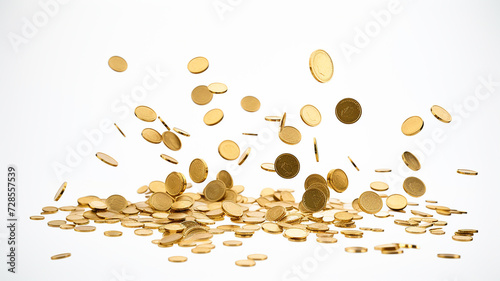 Gold coins falling or flying with white background