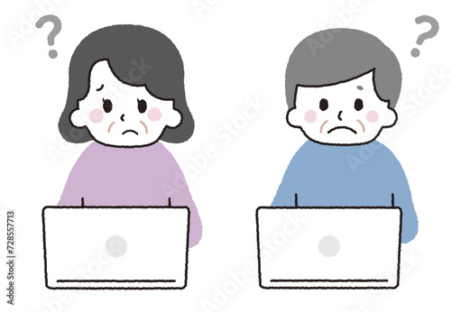 パソコンを操作するおじいちゃんとおばあちゃん。疑問が解決した表情。困っている表情。