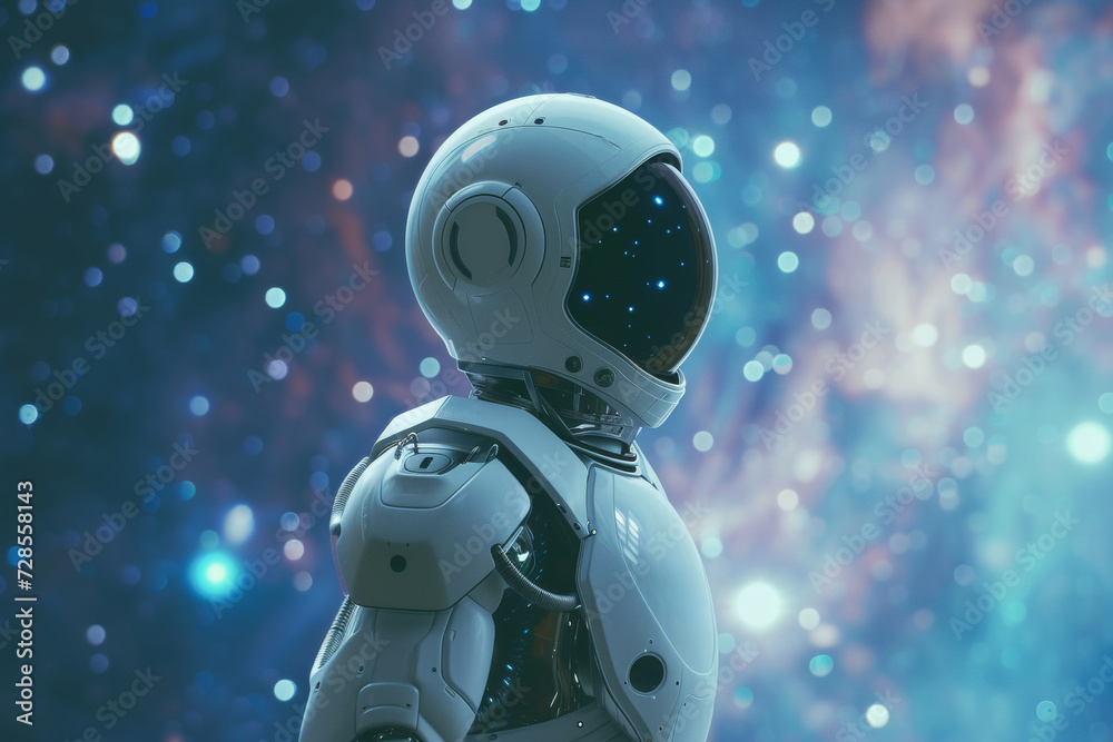 Naklejka premium Futuristic Robot in Neon-Lit Cityscape