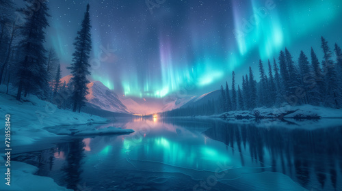 Aurora borealis in northern landscape