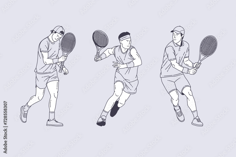 Set of outline illustrations of tennis players