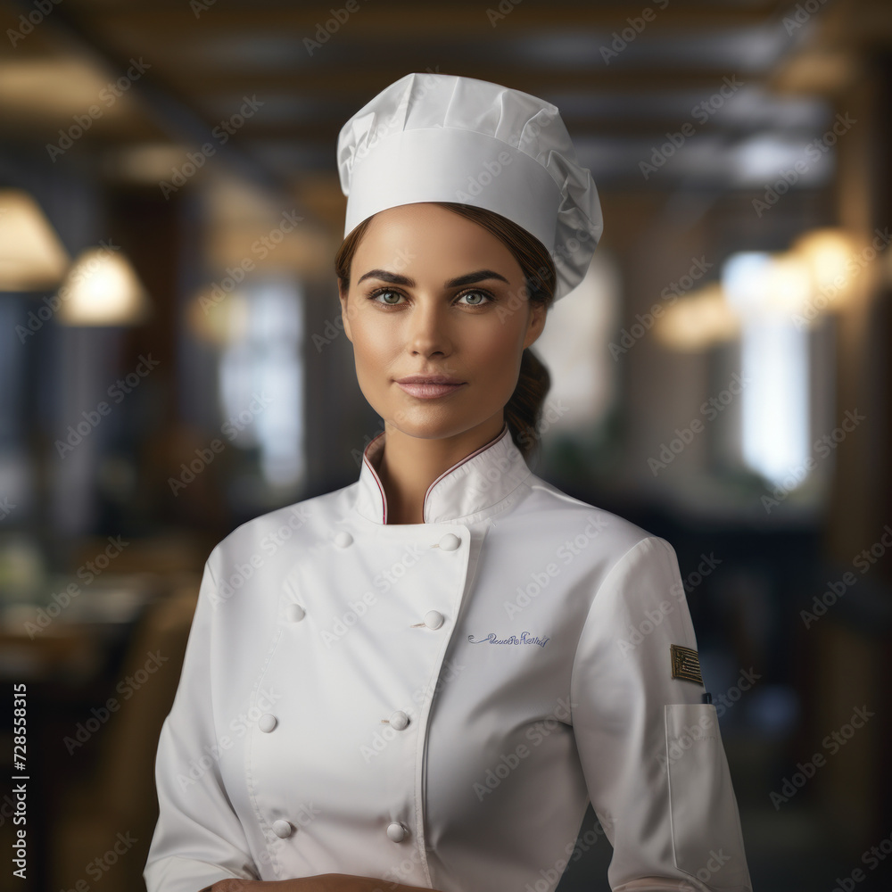 A professional chef in a white uniform and hat posing confidently in a restaurant kitchen with a focused pleasant expression A professional chef in a white uniform and hat posing confidently in a restaurant kitchen with a focused pleasant expression