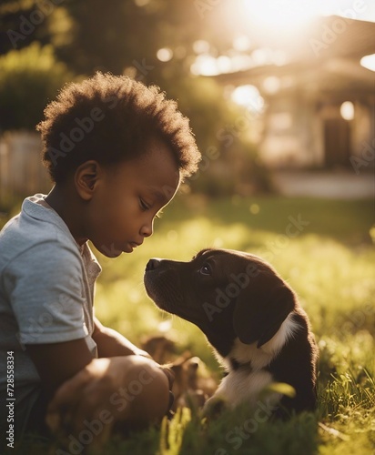 ute little young black african american baby playing with his dog puppy outside of his home photo