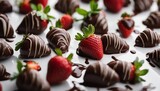 delicious chocolate covered strawberries in porcelain, top view, wide angle view 
