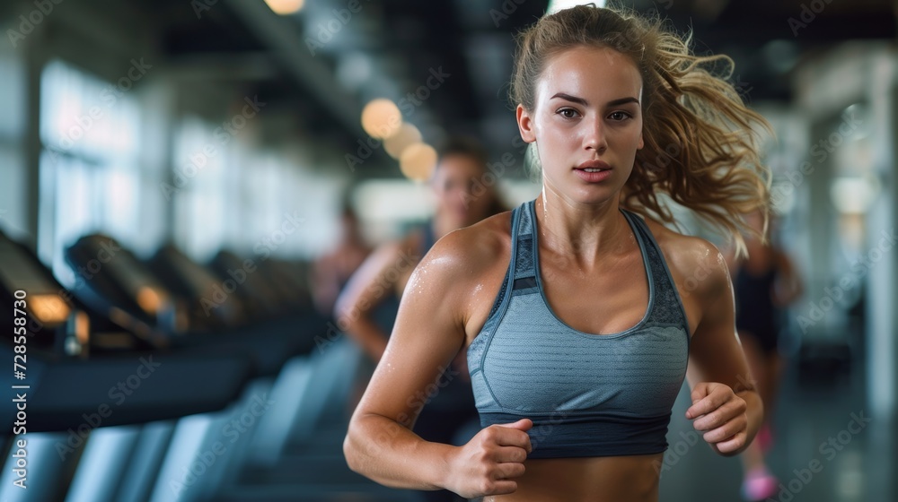 Focused Woman Exercising on Treadmill