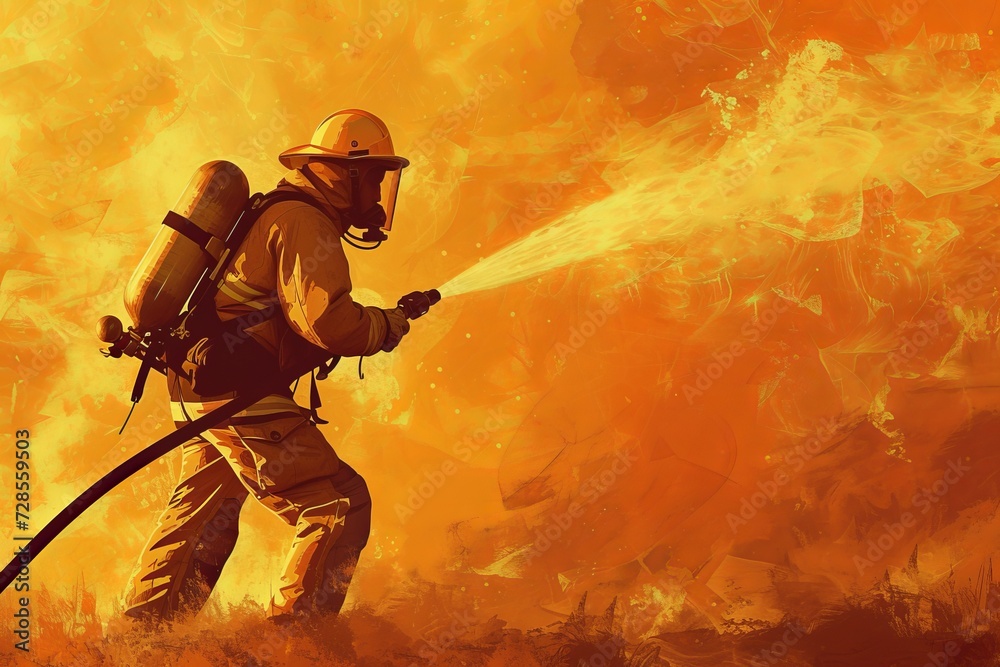 fireman in action trying to extinguish fire with a water hose
