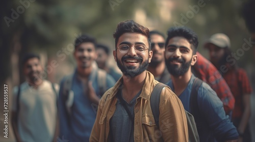 Happy Indian students with backpacks walking at university campus, multiethnic young people going to classes, diverse college friends spending time outdoors after lessons. Generative AI photo