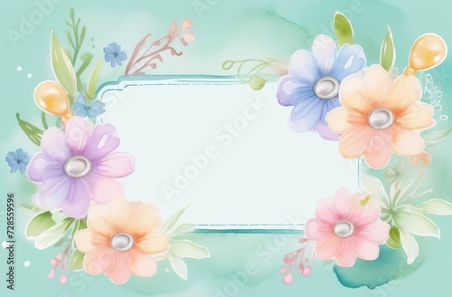 Vibrant watercolor colorful frame of festive party balloons, flowers, bow. Beautiful floral botanical design. Horizontal herbal banner on white background. Wedding invitation, Birthday, business