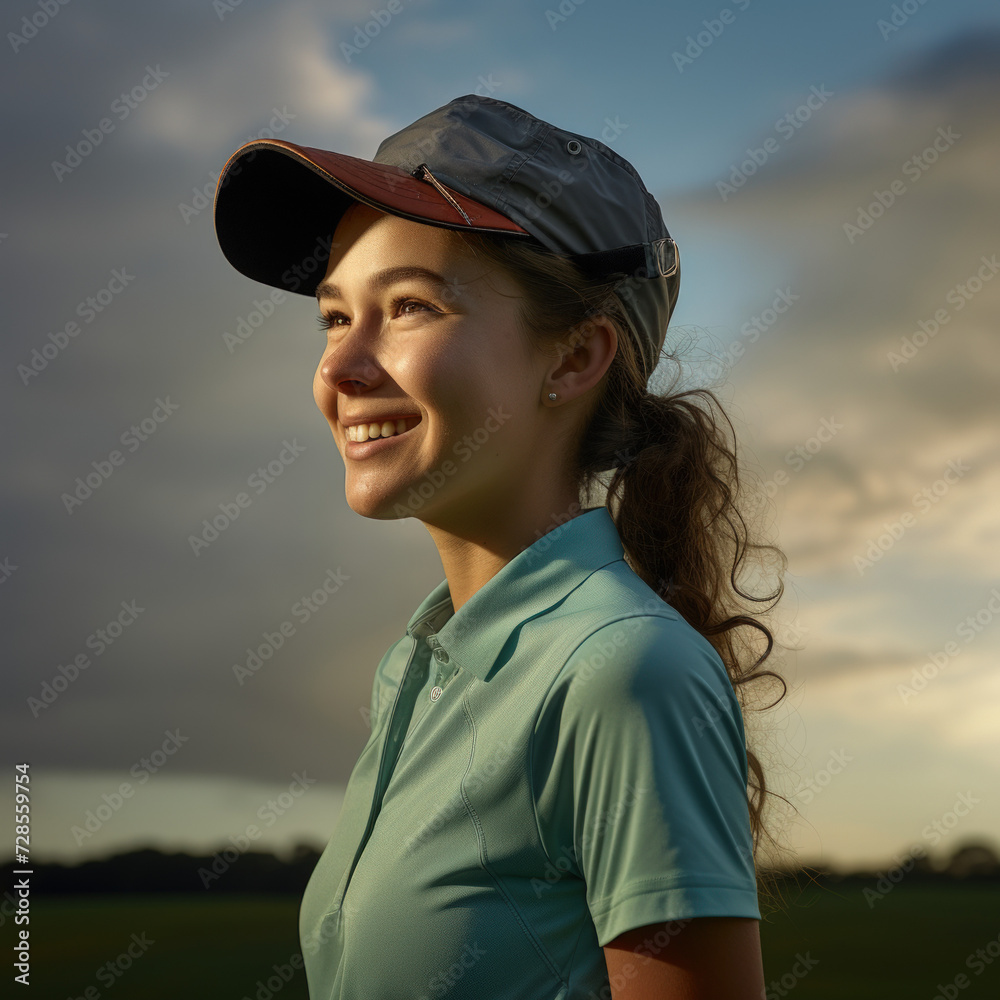 A smiling woman with a ponytail wearing a cap and sporty attire is looking to her side against a cloudy sky backdrop A smiling woman with a ponytail wearing a cap and sporty attire is looking to her side against a cloudy sky backdrop
