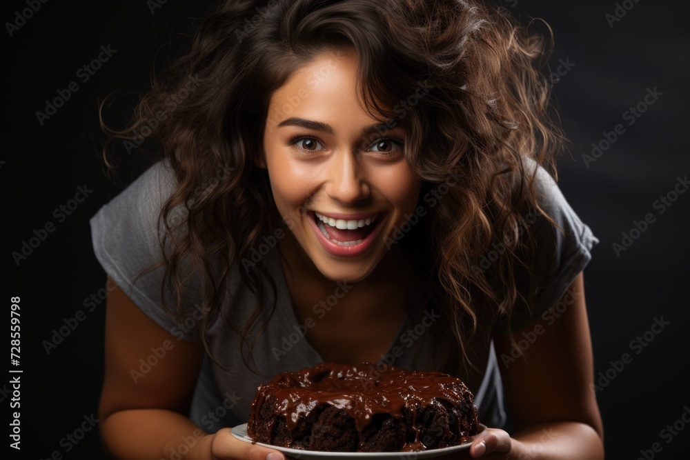 Woman making a happy grimace eats tasty chocolate cake on a gray background. empty, generative IA - obrazy, fototapety, plakaty 
