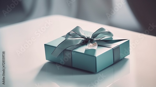 Luxury blue gift box with bow. Side view monochrome. Valentine's day gift for him or her, corporate gift, birthday party, wedding, advertising banner of sale with copy space banner. Generative AI