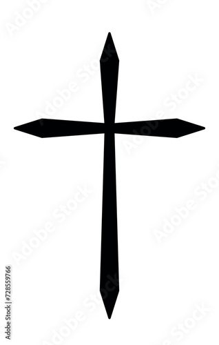 Christian cross, black and white vector silhouette illustration of religious spiked cross shape, isolated on white