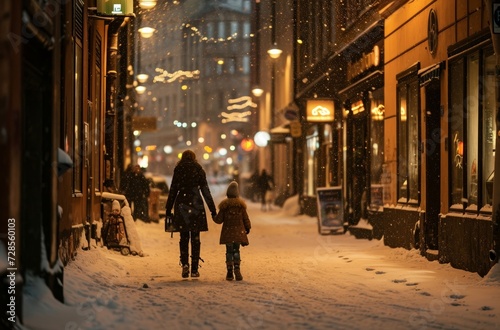 An adult and child walk hand in hand down a snow-covered city street, warmly dressed against the falling snowflakes, with city lights glowing softly in the evening