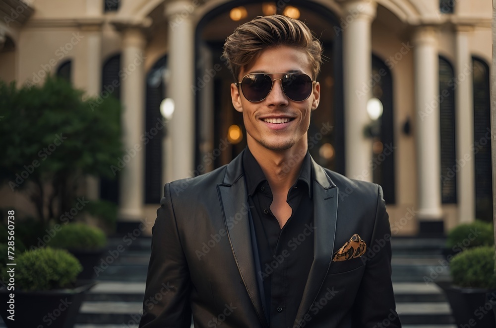 Lifestyle portrait of successful young businessman standing proudly in front of his lavish mansion and looking at camera. Fashion and wealth Concept. Lifestyle portrait of successful young businessman standing proudly in front of his lavish mansion and looking at camera. Fashion and wealth Concept.
