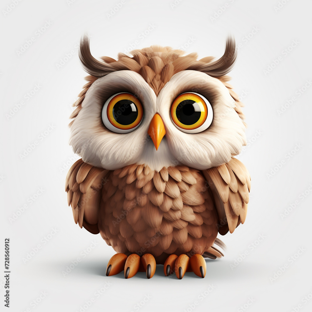 Baby owl, full body, from the front, on a white background, owls are efficient hunters, using their extremely sharp eyes and quick movements above all. 3D rendering concept design illustration. Baby owl, full body, from the front, on a white background, owls are efficient hunters, using their extremely sharp eyes and quick movements above all. 3D rendering concept design illustration.