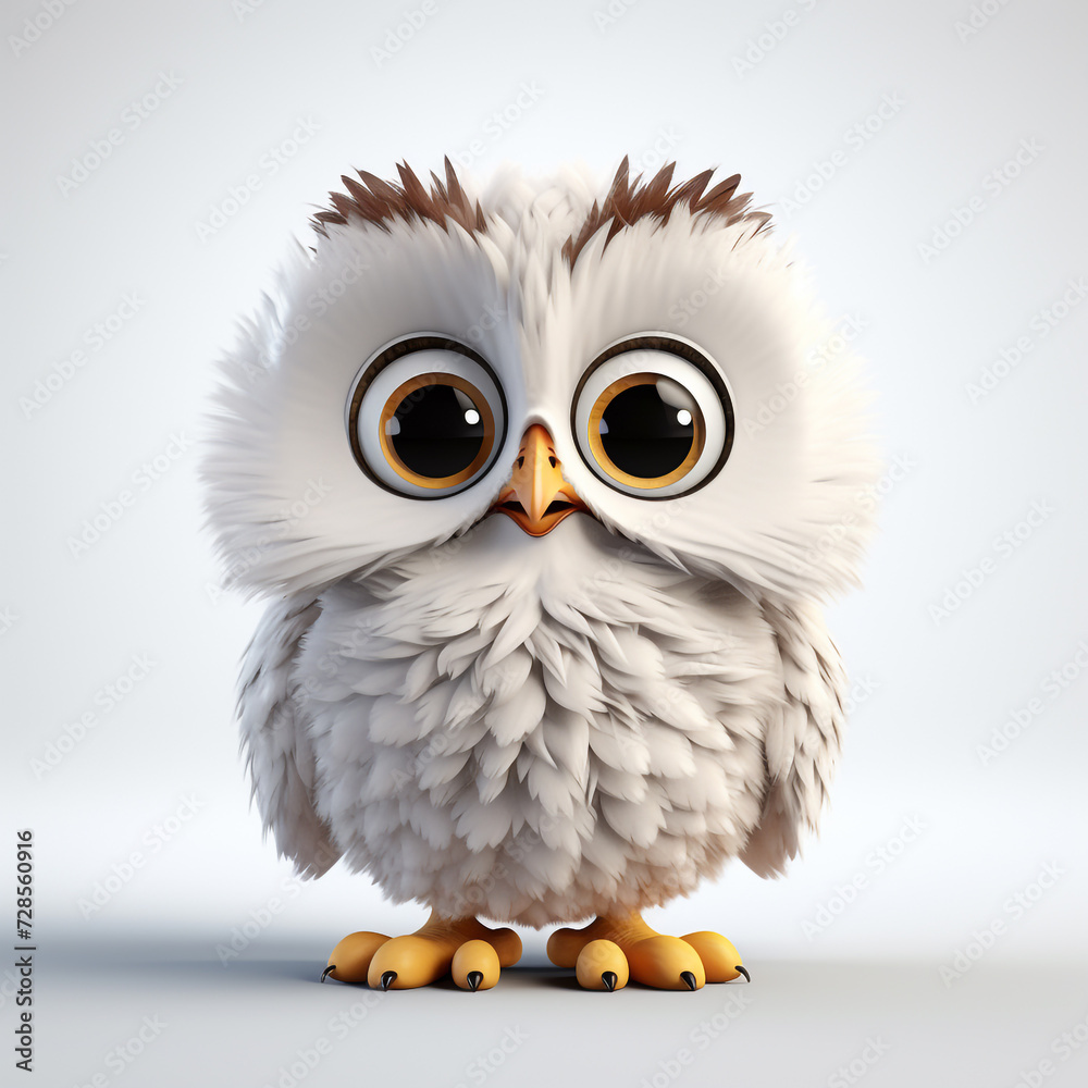 Fototapeta premium Baby owl, full body, from the front, on a white background, owls are efficient hunters, using their extremely sharp eyes and quick movements above all. 3D rendering concept design illustration.