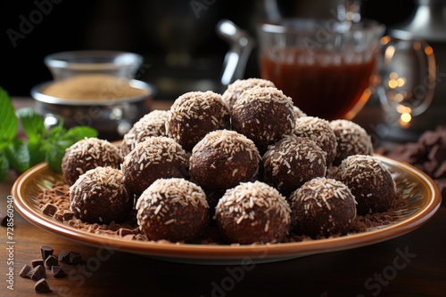 Candy brigadeiro truffles with chocolate on a plate on a light wooden table candy, generative IA