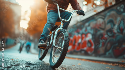 A BMX racer rides down a city street on a warm summer evening, past a graffiti wall. A teenager rides a bicycle in the rays of the setting sun. Cropped shot. photo