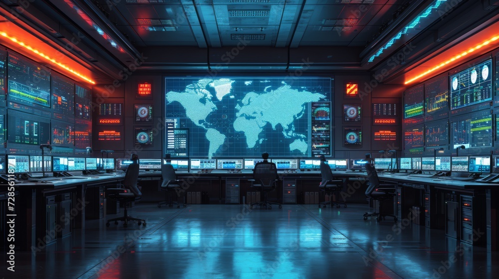 "Salle de contrôle futuriste avec écrans affichant une carte mondiale et panneaux de données, ambiance high-tech et mystérieuse." - obrazy, fototapety, plakaty 