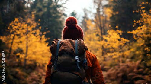 hiker in autumn forest backpack adventure