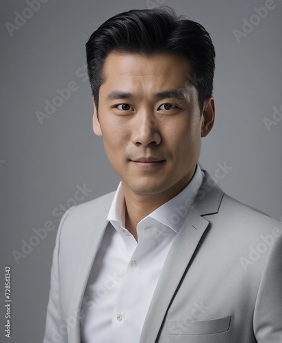 portrait of an Asian business man wearing a tie and white shirt, isolated grey background 