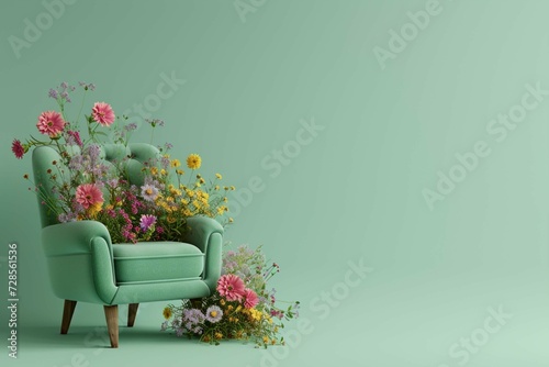 green armchair with colorful flowers on pastel green background. Advertisement idea. Creative composition. 3d render, social media and sale concept © Manzoor