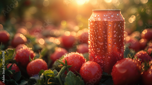 Mockup red aluminum can tomato with water drops on the can surface and tomato surrounding it. tomato farm background for product presentation. photo