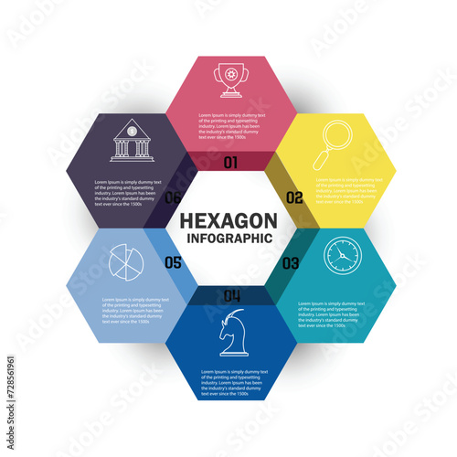 Hexagon infographics 6 options. Template for brochure, business, web design.