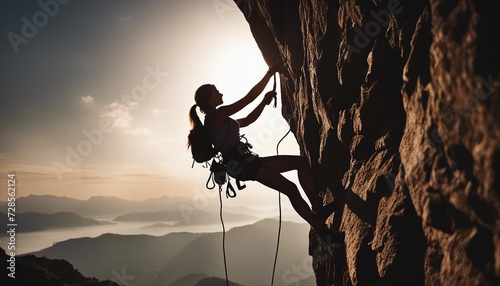 silhouette of a woman rock climbing at sunset 