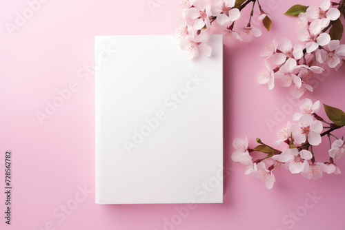 Blank white book cover mockup with flowers on pink background, book hardcover mockup with copy space © Kamrul