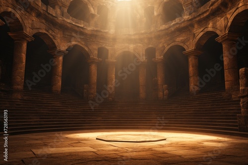 Antique arena podium for battles, marble columns, dust in the air, ancient Rome