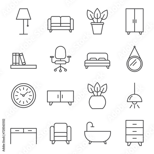 Set of furniture black line icon with editable stroke. interior elements such as a sofa, wardrobe, lamp, chair, home plant. Outline icons collection 