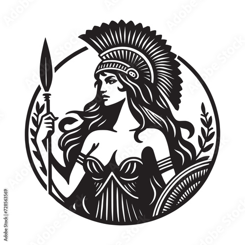 Woman Warrior. Amazon, Athena, princess. Helmet and spear. Vintage engraving illustration, isolated object, round emblem, logo