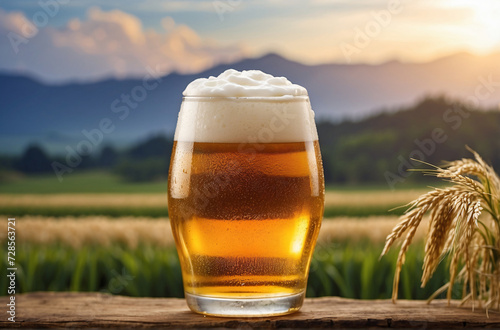 Glasses of light beer on table top. barley and the plantations background.
