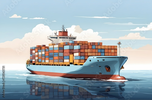 Transportation Concept, Cargo ship with colorful containers. Industrial commercial delivery and logistic services element. cartoon illustration